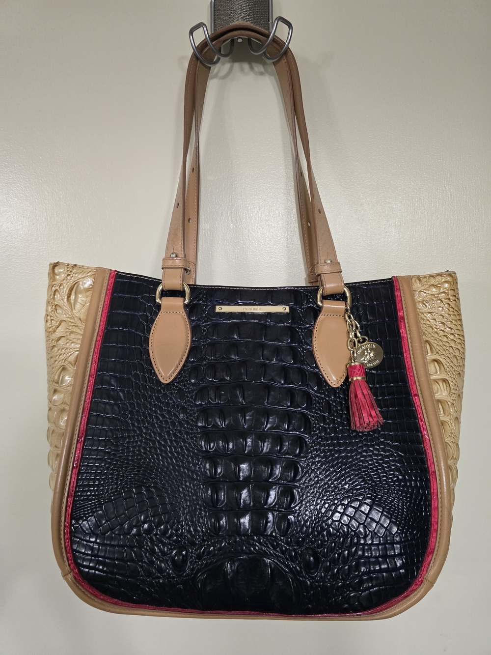 Brahmin Lena Tan-Handle Blue Croc-Embossed Tote with Red Trim